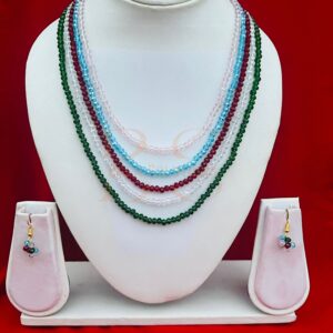 Multi Layered Maroon, Green, Light Pink, White, Firoji Blue Crystal Necklace For Girls